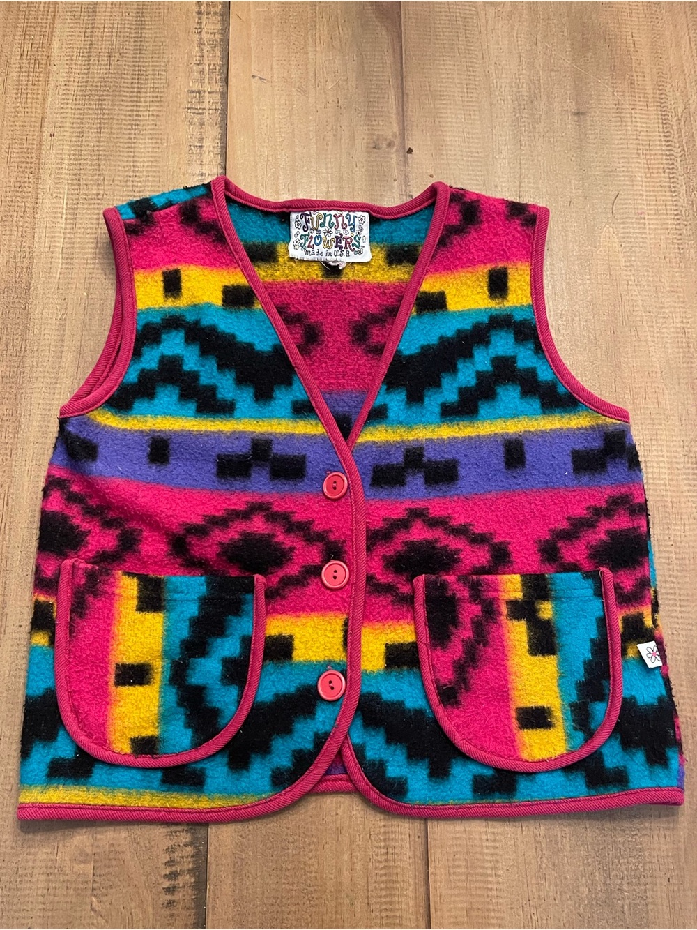90’s Colorful Aztec Fleece Vest - Bright Pink, Turquoise, Yellow